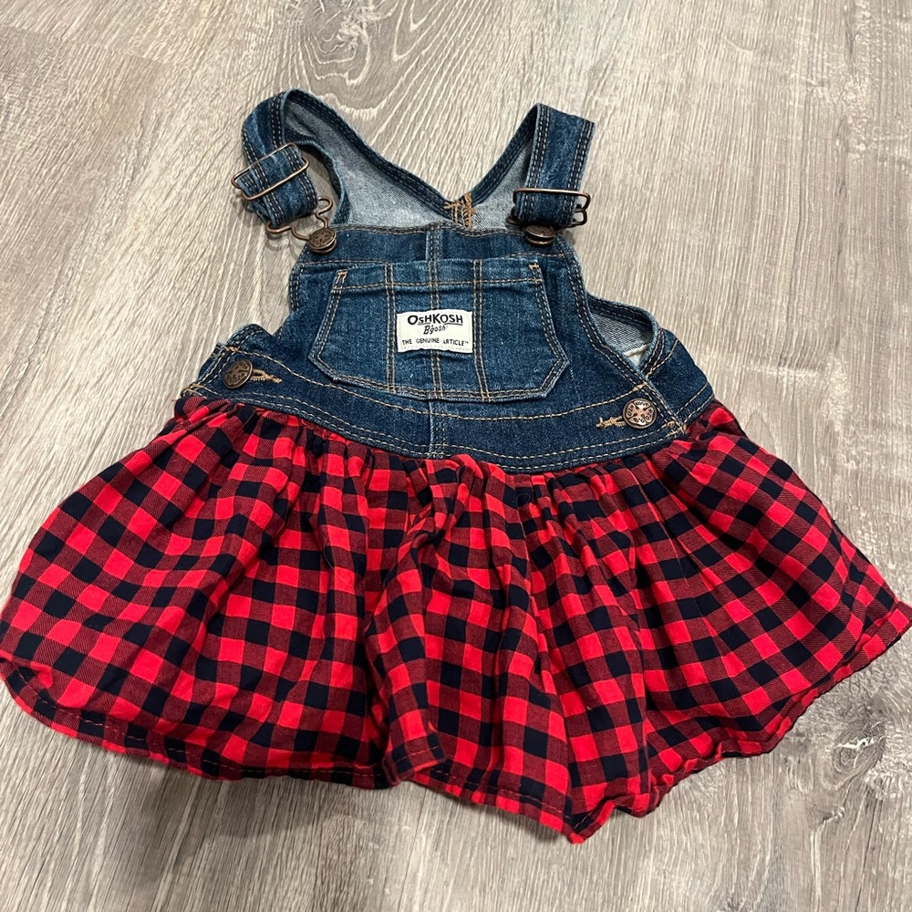 OshKosh B'gosh Red and Blue Plaid Baby Girl Overalls Jean Denim Dress